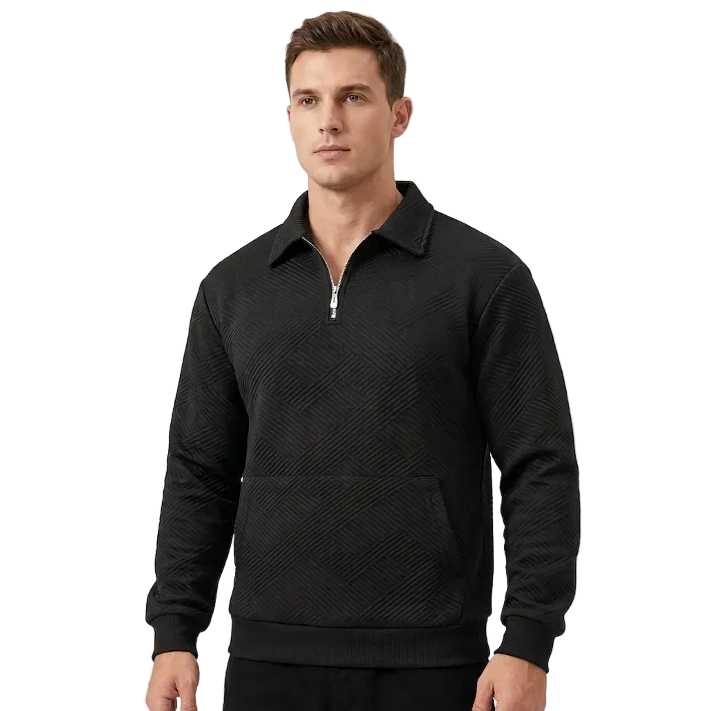 Men's Geometric-Textured Long-Sleeve Polo - Black Quarter-Zip