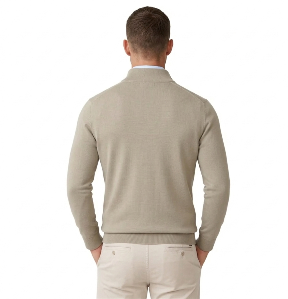 Men’s Flat-Knit Quarter-Zip Sweater - Taupe Beige Merino-Blend