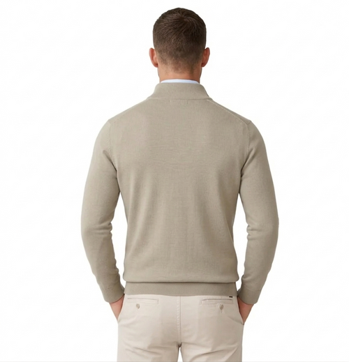 Men’s Flat-Knit Quarter-Zip Sweater - Taupe Beige Merino-Blend