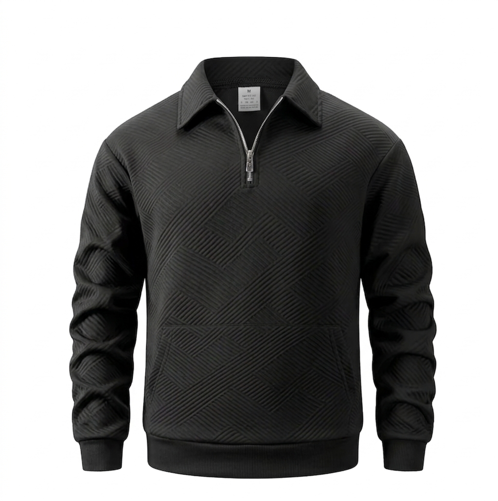 Men’s Geometric-Textured Long-Sleeve Polo - Black Quarter-Zip