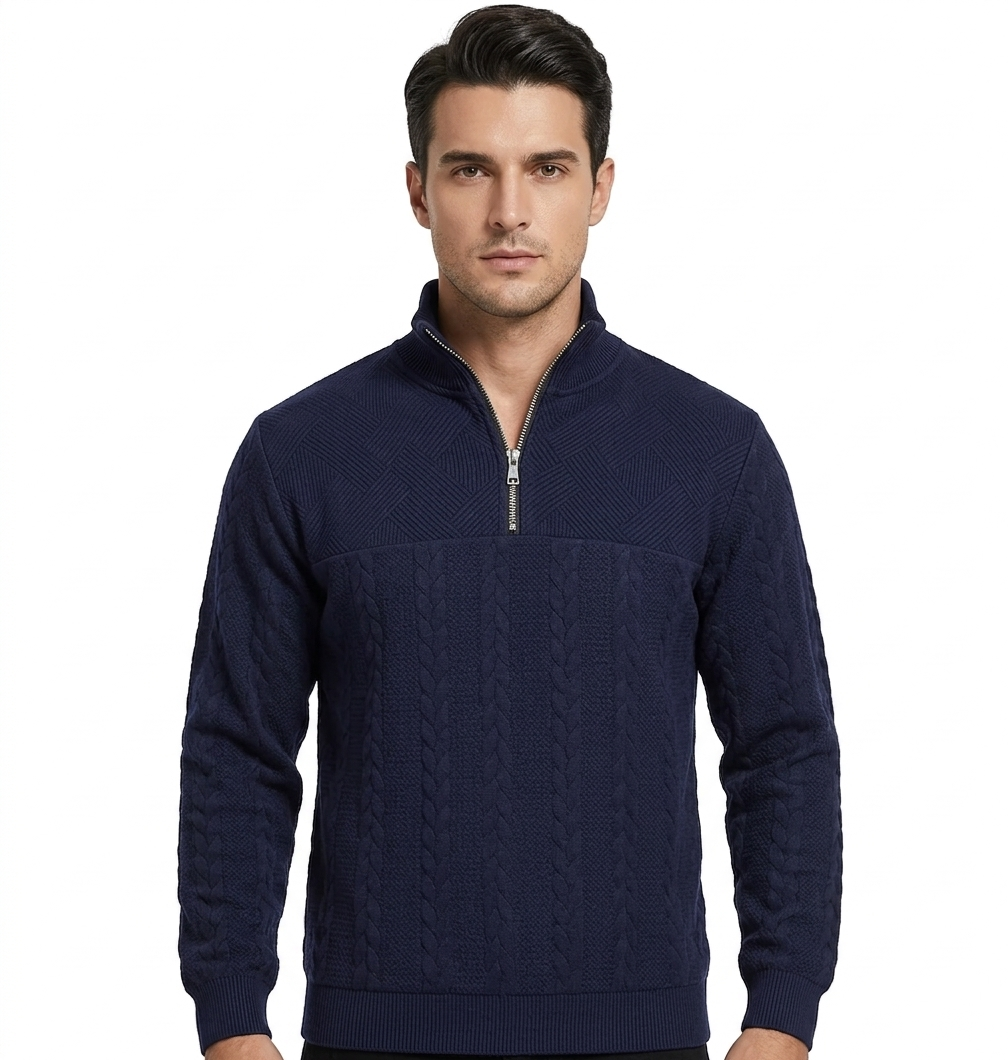 Men’s Textured Quarter-Zip Pullover Sweater - Navy Blue Slim Fit