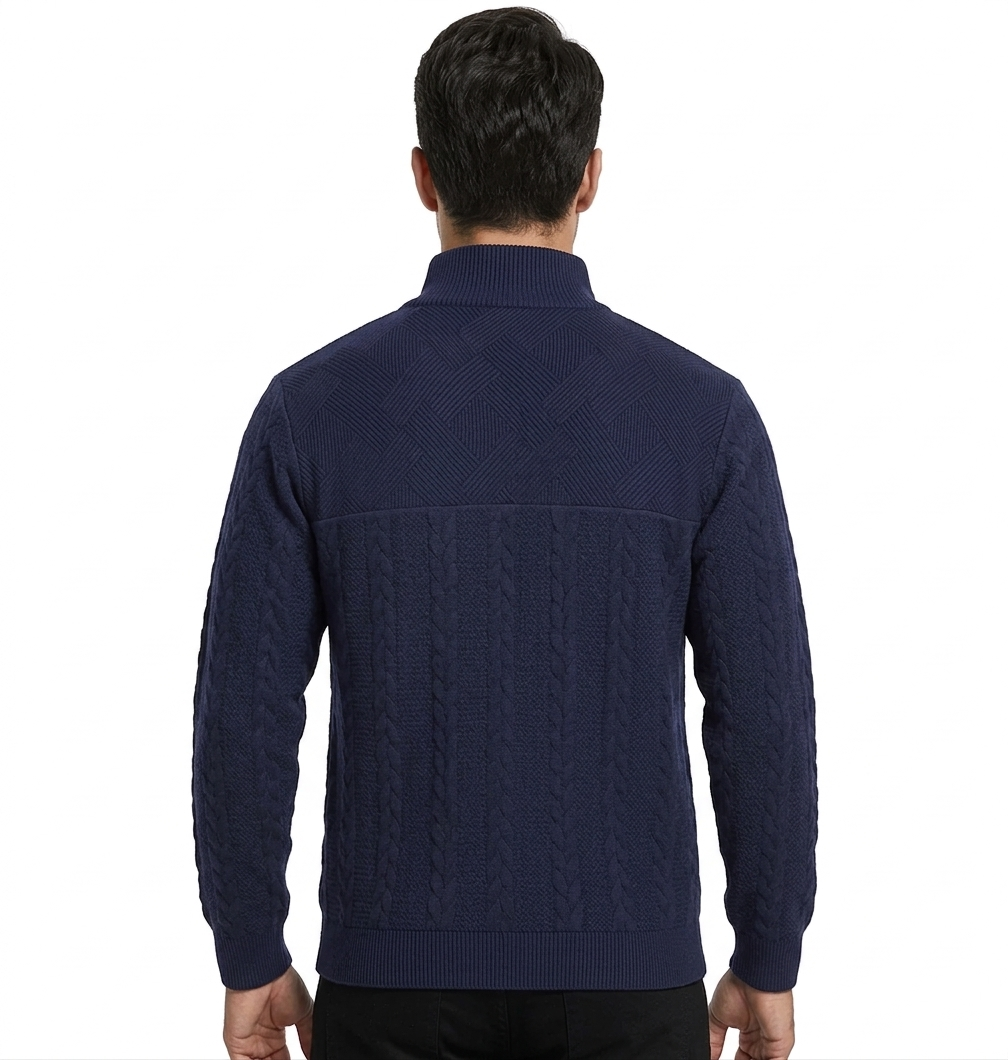 Men’s Textured Quarter-Zip Pullover Sweater - Navy Blue Slim Fit