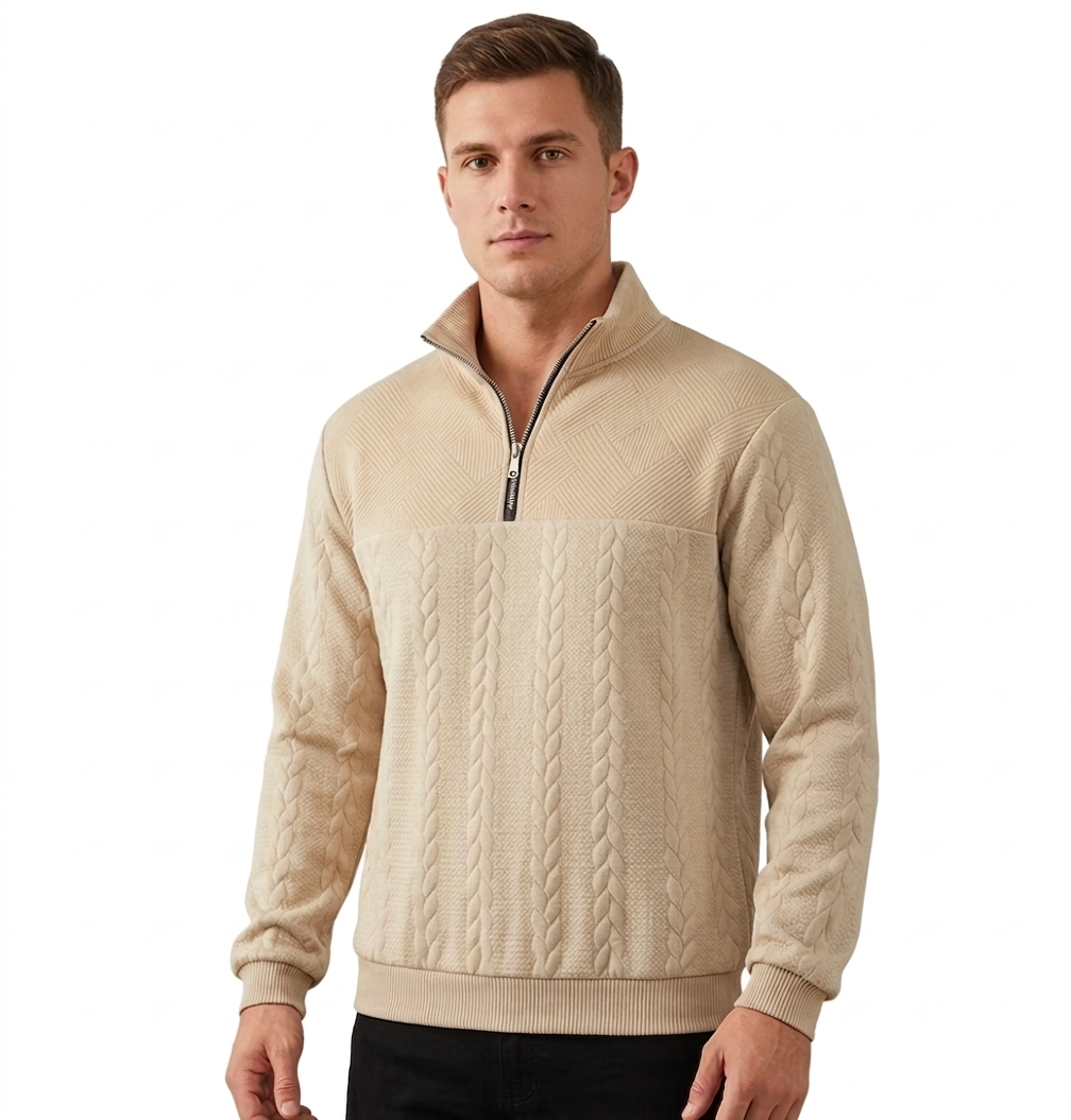 Men’s Hybrid Knit Quarter-Zip Pullover - Sand Beige Premium Texture
