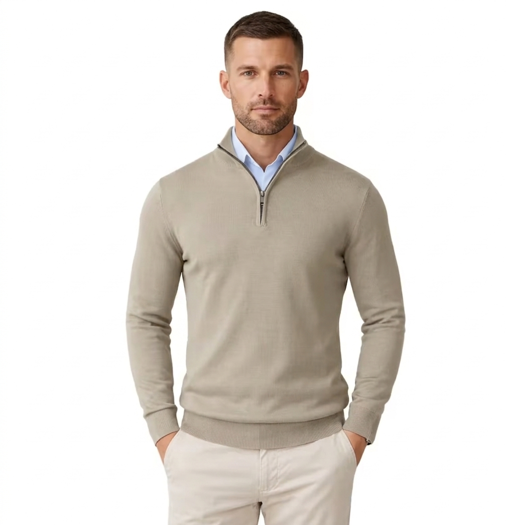 Men’s Flat-Knit Quarter-Zip Sweater - Taupe Beige Merino-Blend