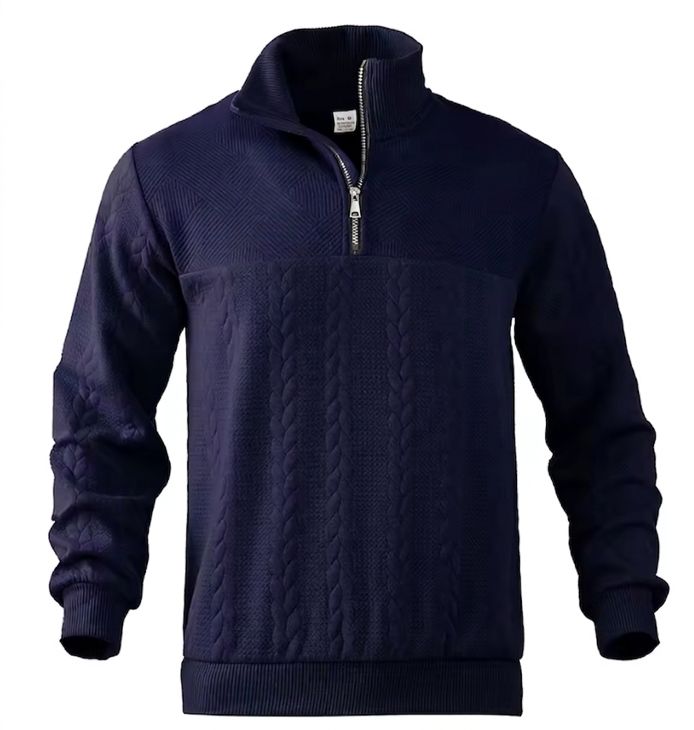 Men’s Textured Quarter-Zip Pullover Sweater - Navy Blue Slim Fit