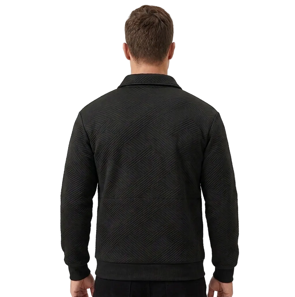 Men’s Geometric-Textured Long-Sleeve Polo - Black Quarter-Zip
