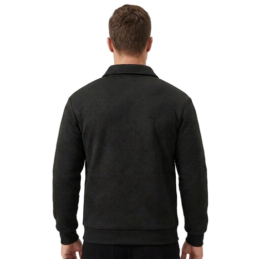 Men’s Geometric-Textured Long-Sleeve Polo - Black Quarter-Zip
