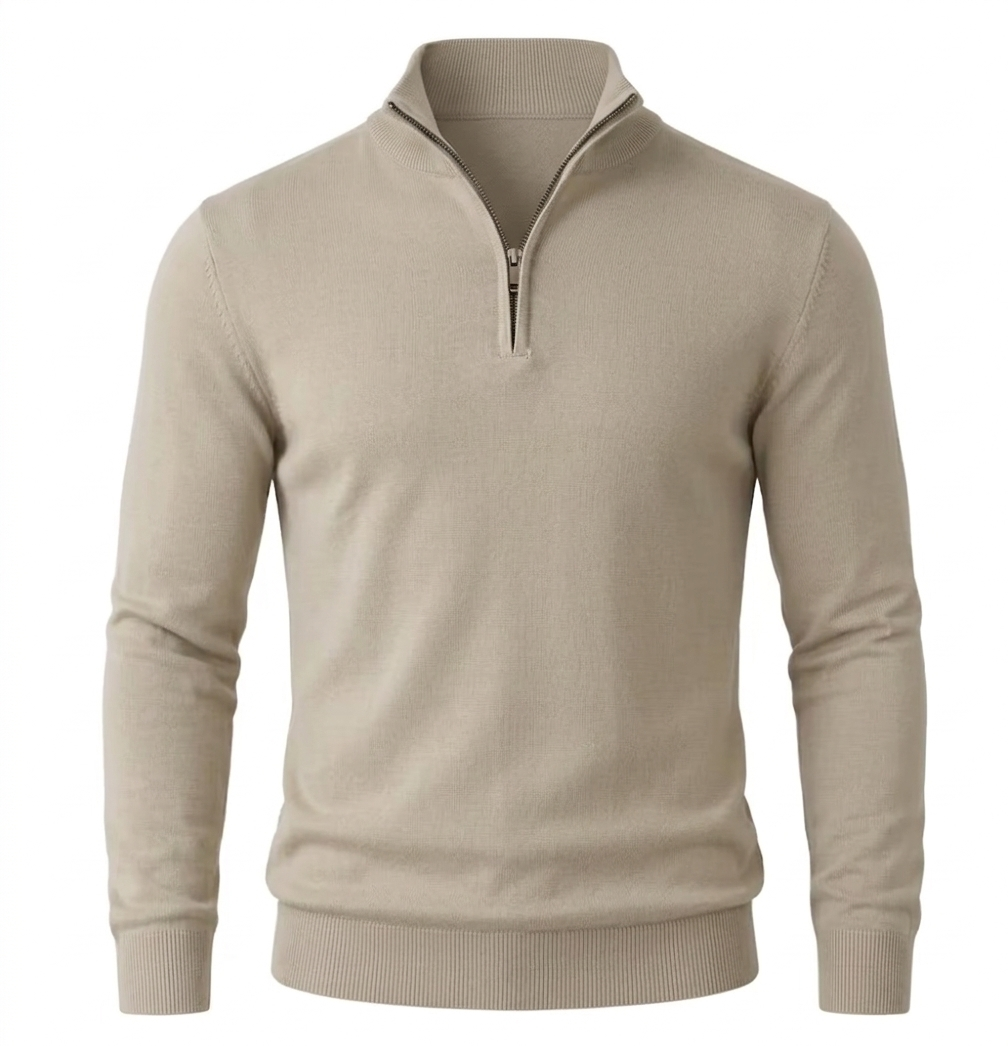 Men’s Flat-Knit Quarter-Zip Sweater - Taupe Beige Merino-Blend